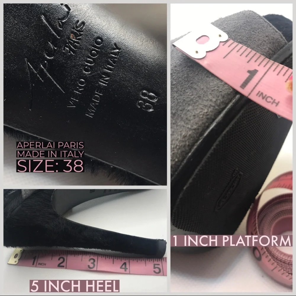APERLAI PARIS BLACK, GRAY & CREAM COLOR BLOCK LEATHER AND FUR HEELS (38)